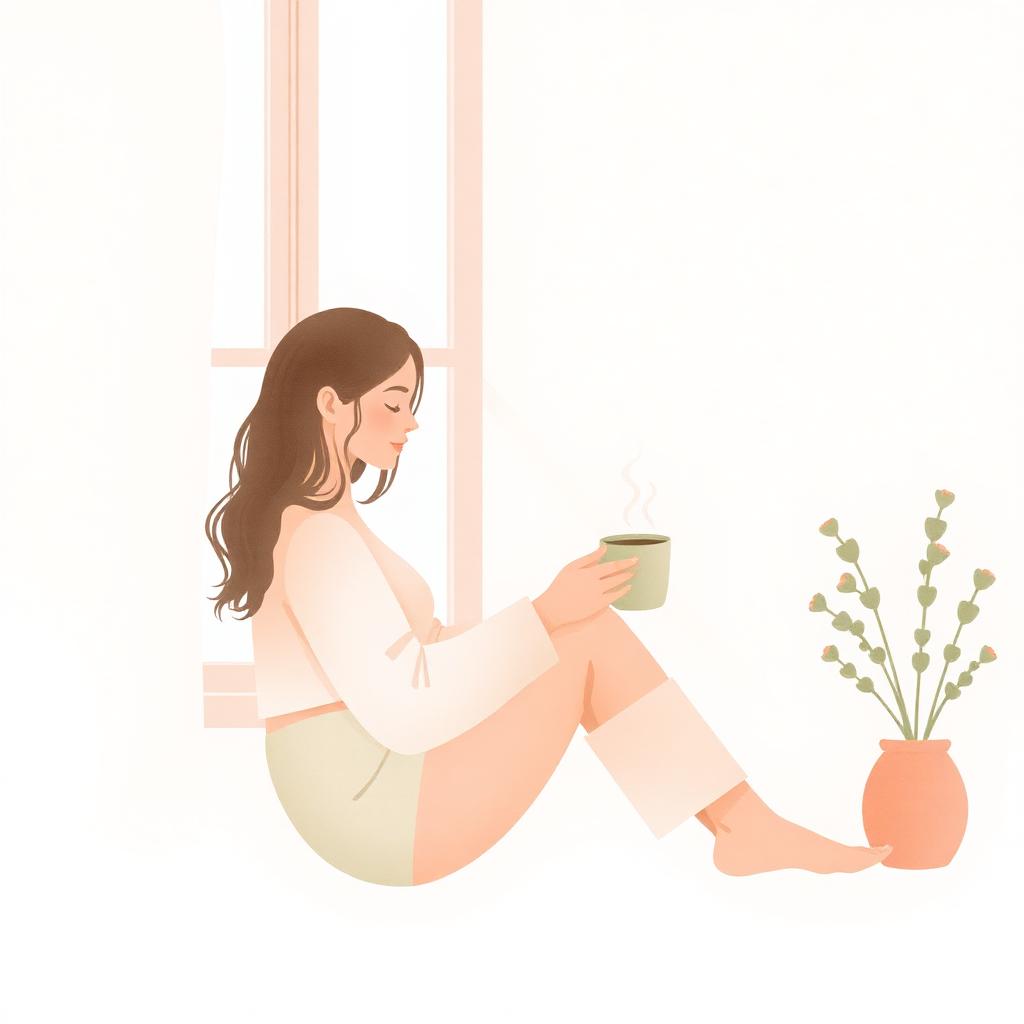 Ilustração suave de uma pessoa sentada junto à janela segurando uma xícara quente