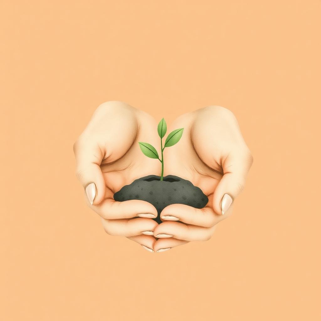 Ilustração delicada de mãos segurando um pequeno broto verde sobre fundo terracota