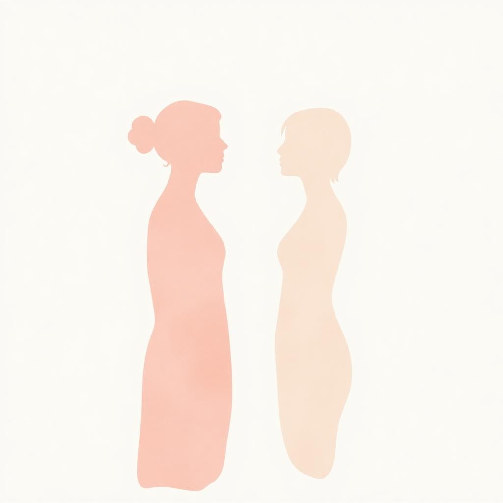 Ilustração em aquarela de duas silhuetas em diálogo, em tons de rosa e creme