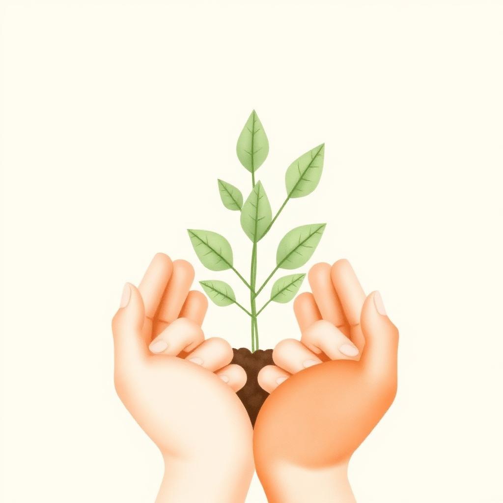 Ilustração suave de mãos cuidando de uma planta, representando cuidado e impacto comunitário